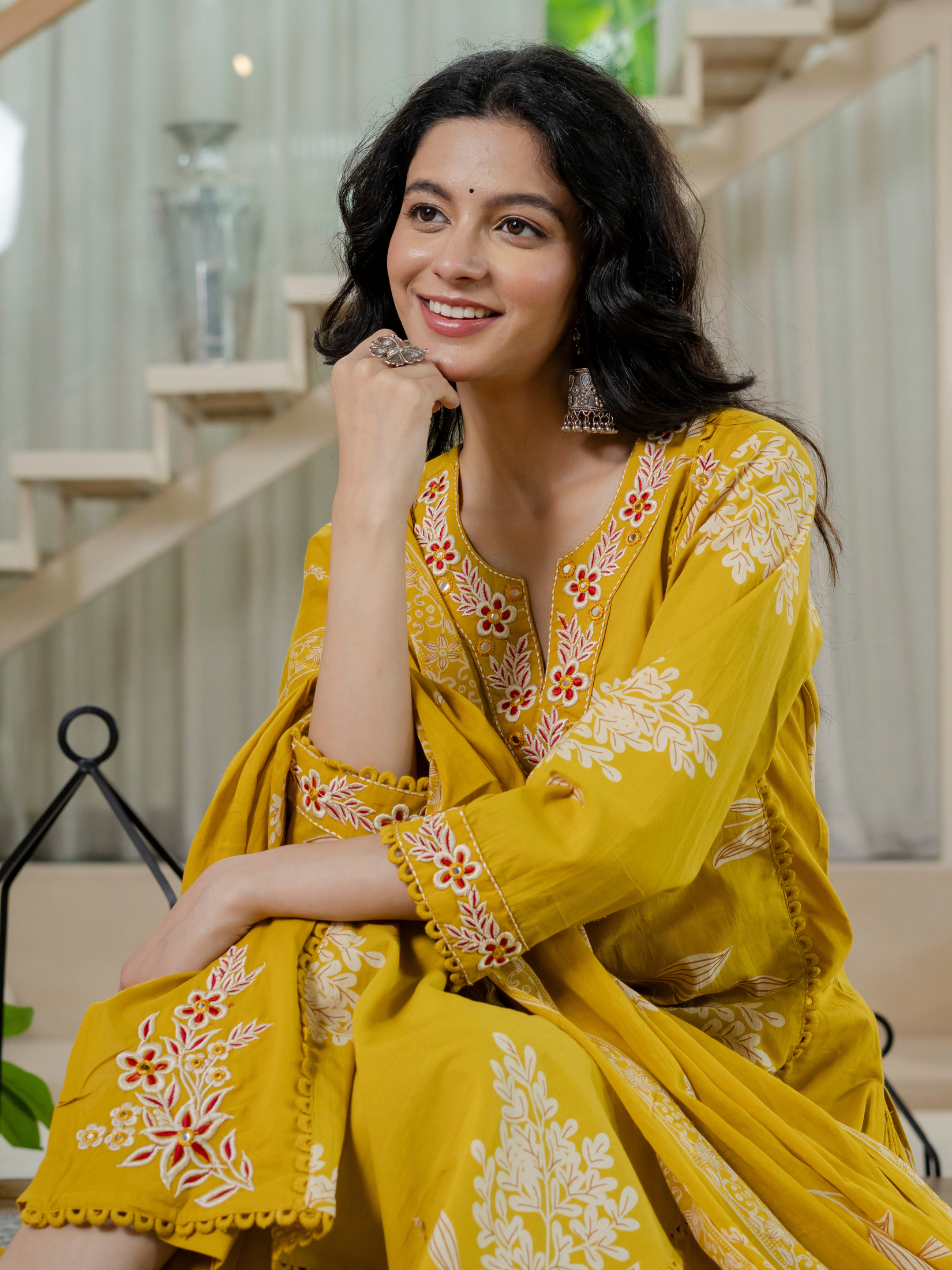 Women  mustard Floral Printed V-Neck  Pure Cotton embroidered Kurta dupatta set