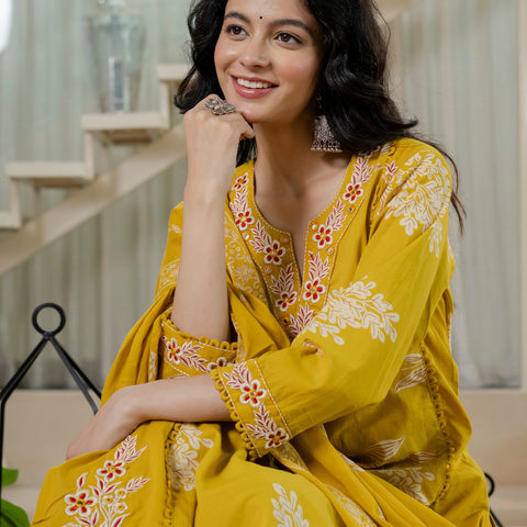 Women  mustard Floral Printed V-Neck  Pure Cotton embroidered Kurta dupatta set