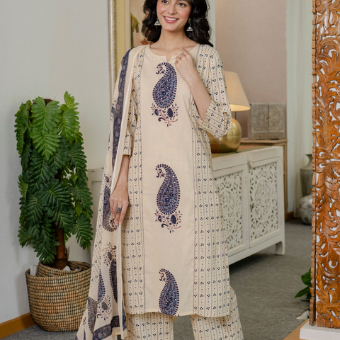 Women blue motifs Printed Pure Cotton embroidered Kurta dupatta set