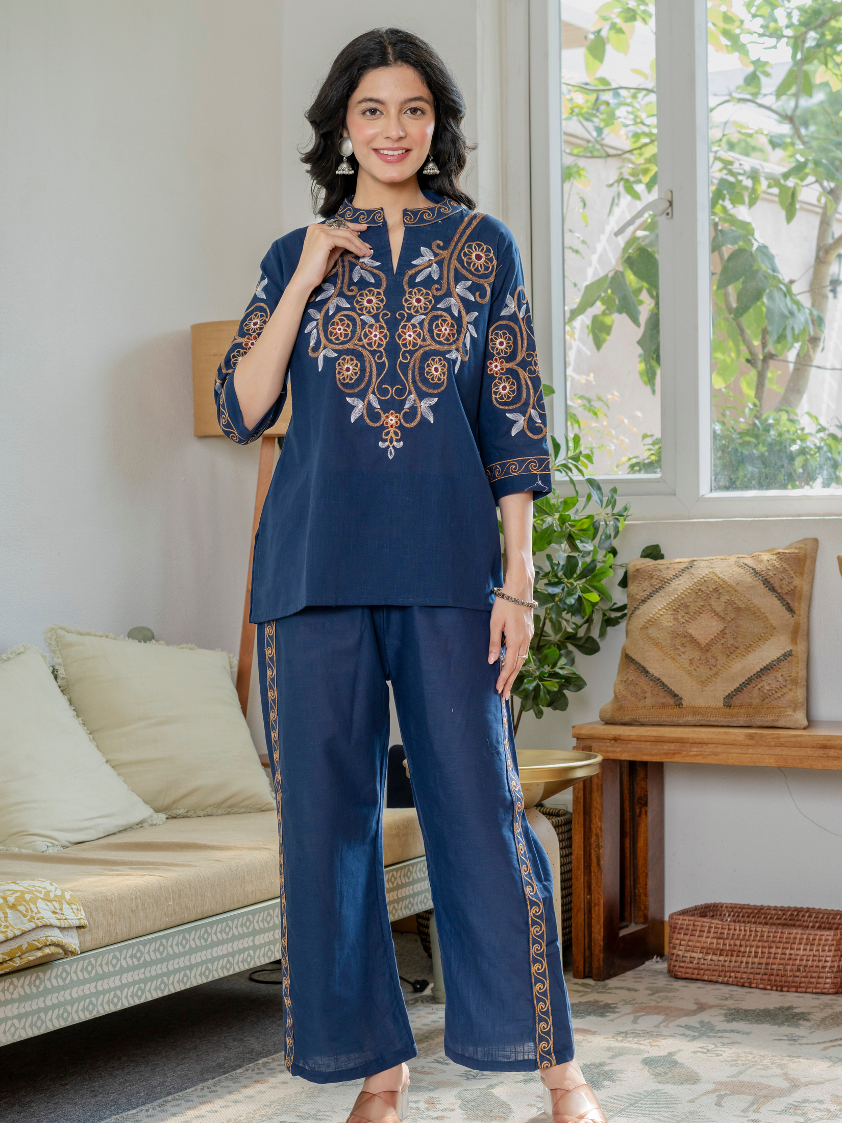 Women Royal Blue Embroidered Thread Work Pure Cotton coord set