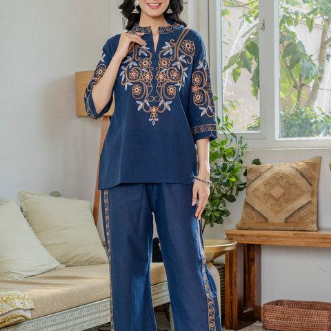 Women Royal Blue Embroidered Thread Work Pure Cotton coord set