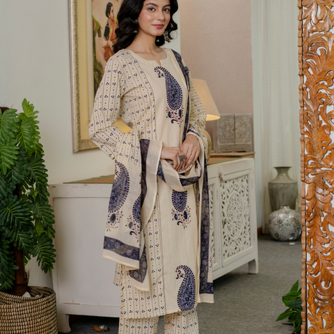 Women blue motifs Printed Pure Cotton embroidered Kurta dupatta set