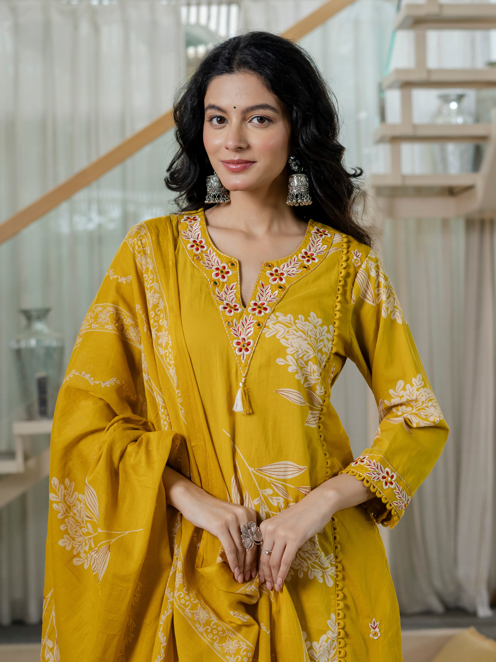 Women  mustard Floral Printed V-Neck  Pure Cotton embroidered Kurta dupatta set