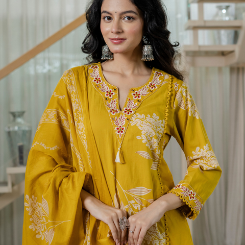 Women  mustard Floral Printed V-Neck  Pure Cotton embroidered Kurta dupatta set