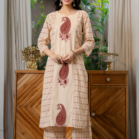 Women  maroon motifs  Printed    Pure Cotton embroidered Kurta dupatta set