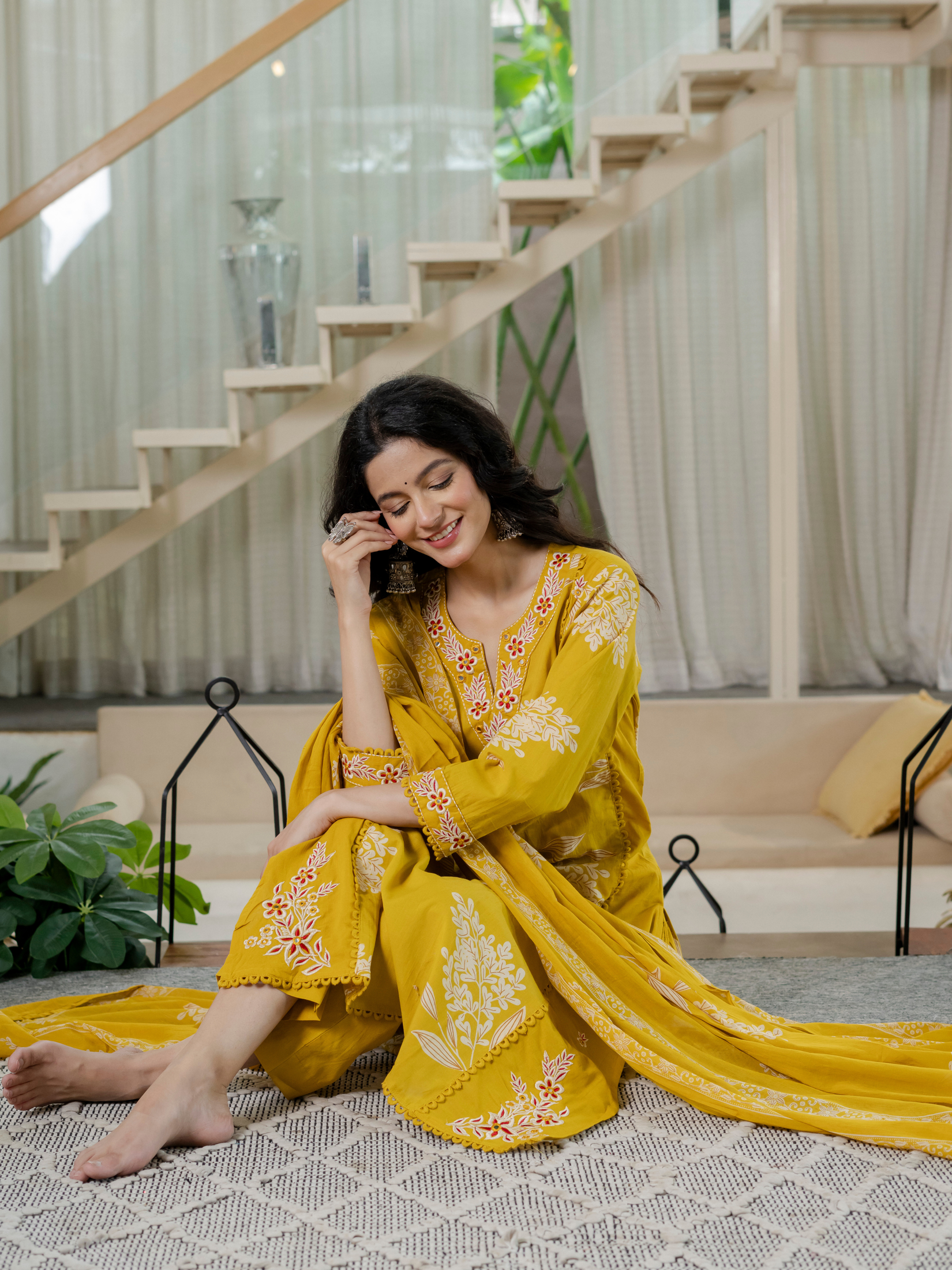 Women  mustard Floral Printed V-Neck  Pure Cotton embroidered Kurta dupatta set
