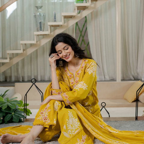 Women  mustard Floral Printed V-Neck  Pure Cotton embroidered Kurta dupatta set