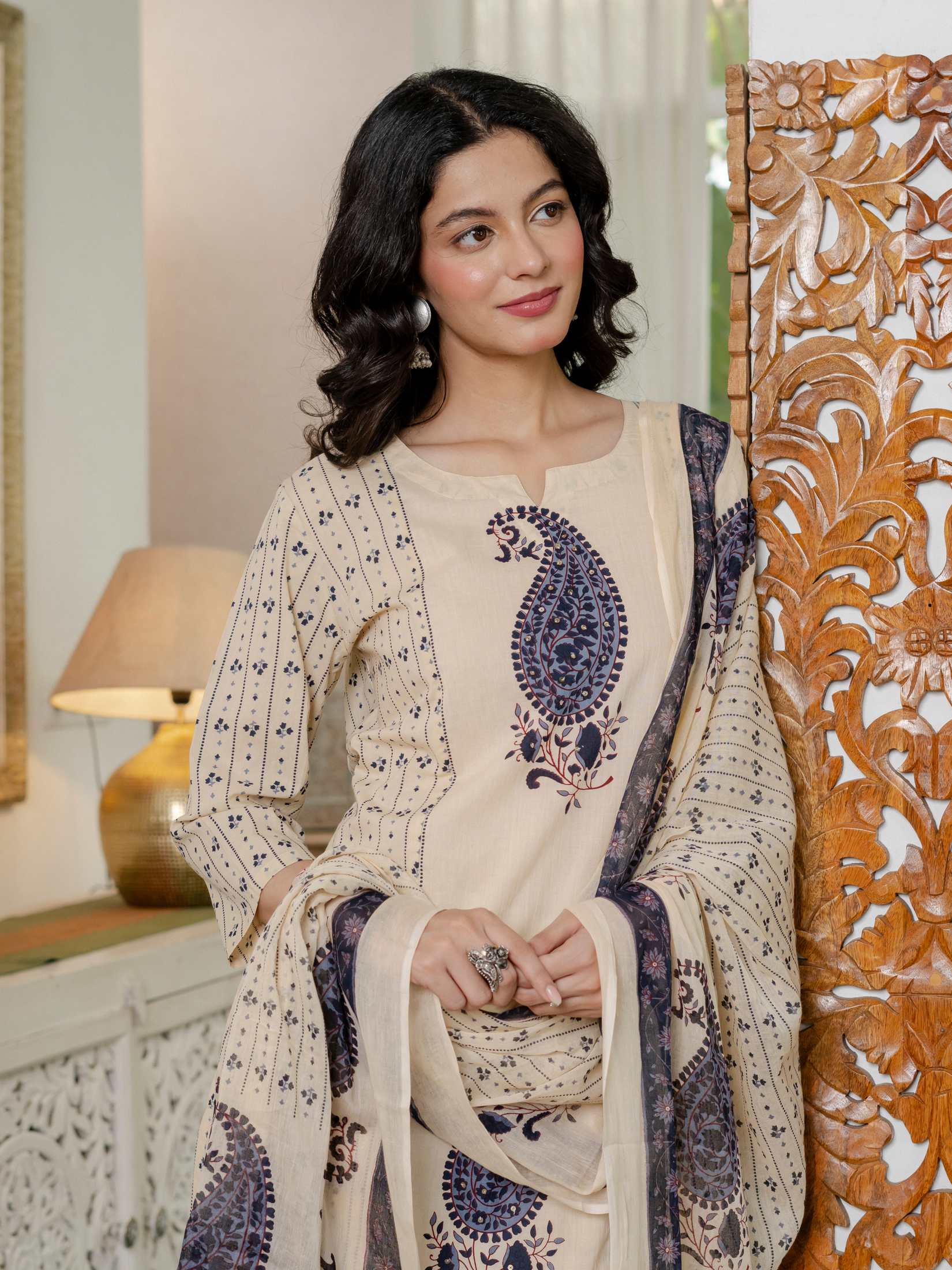 Women blue motifs Printed Pure Cotton embroidered Kurta dupatta set