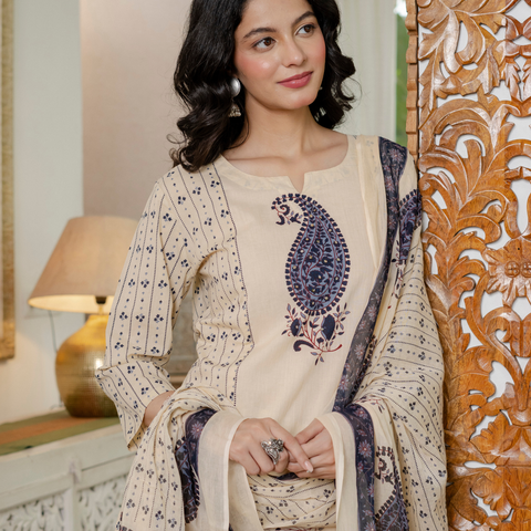 Women blue motifs Printed Pure Cotton embroidered Kurta dupatta set