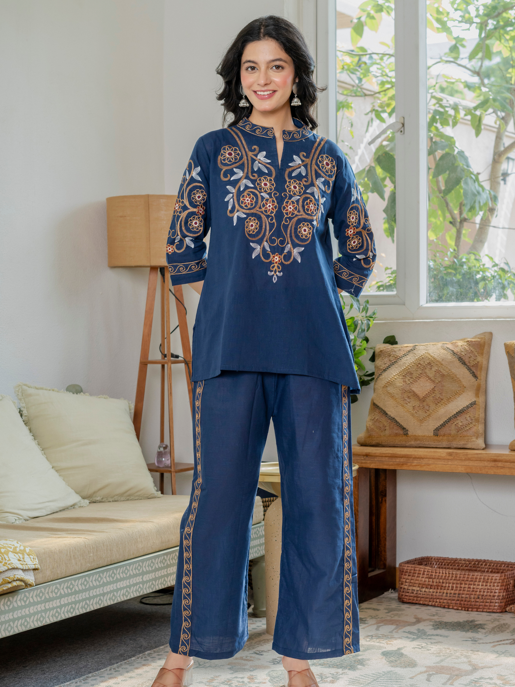 Women Royal Blue Embroidered Thread Work Pure Cotton coord set