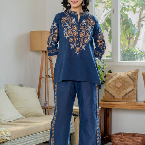 Women Royal Blue Embroidered Thread Work Pure Cotton coord set