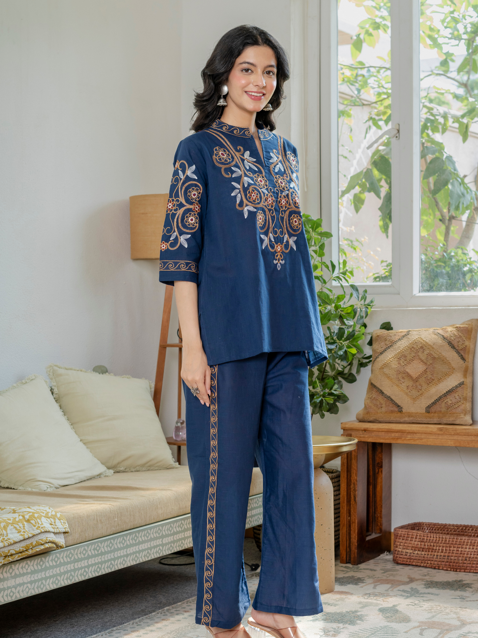 Women Royal Blue Embroidered Thread Work Pure Cotton coord set
