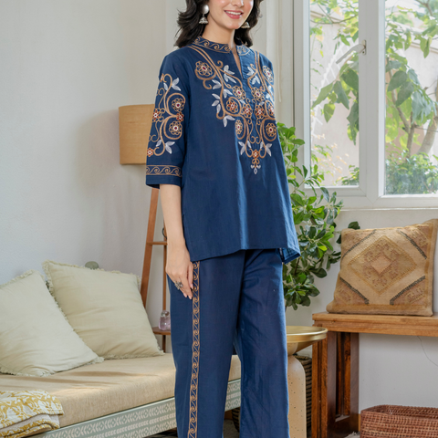 Women Royal Blue Embroidered Thread Work Pure Cotton coord set