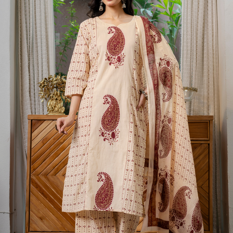 Women  maroon motifs  Printed    Pure Cotton embroidered Kurta dupatta set