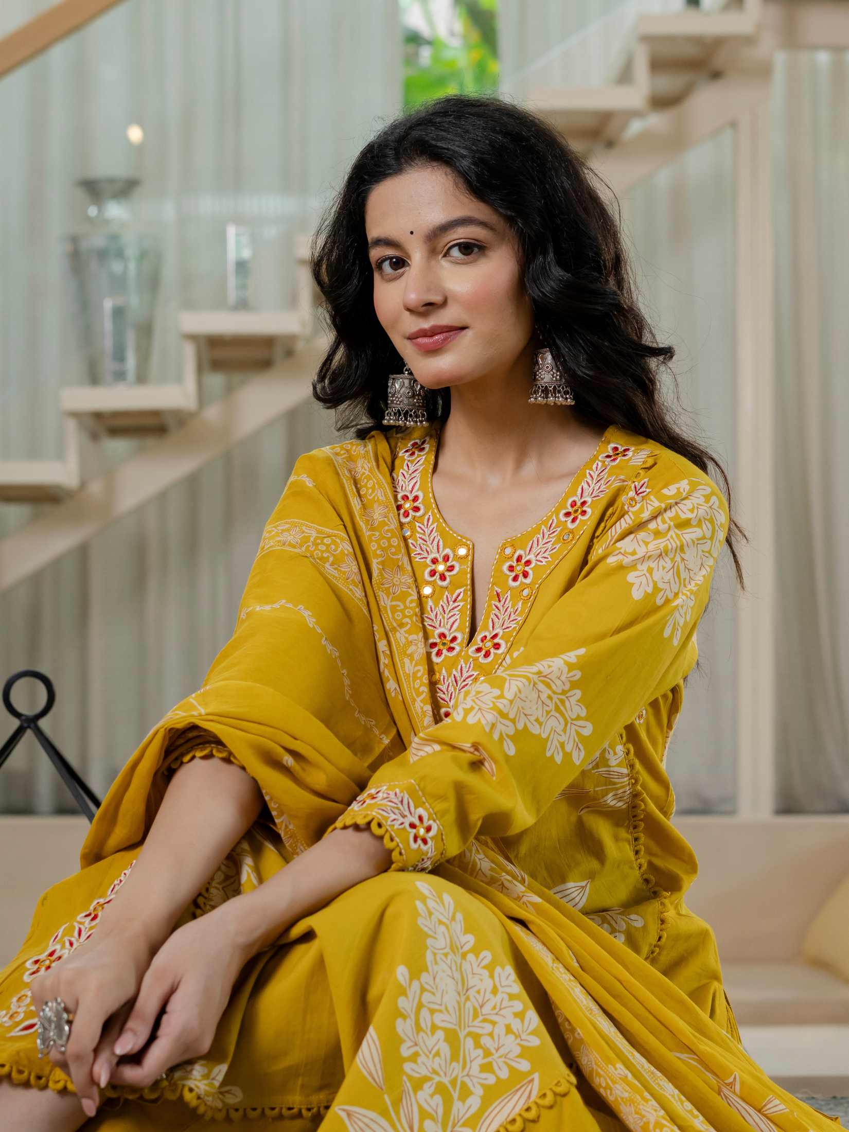 Women  mustard Floral Printed V-Neck  Pure Cotton embroidered Kurta dupatta set