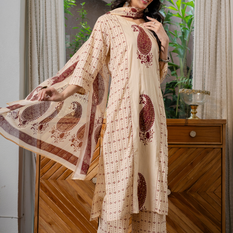 Women  maroon motifs  Printed    Pure Cotton embroidered Kurta dupatta set
