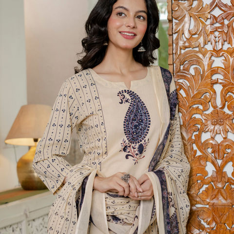 Women blue motifs Printed Pure Cotton embroidered Kurta dupatta set