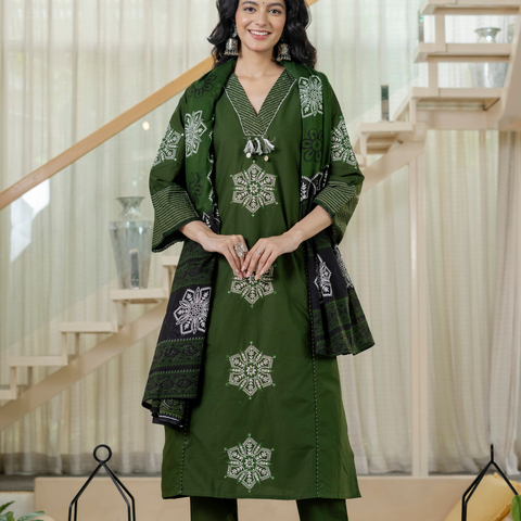 Women green  Floral Printed V-Neck  Pure Cotton embroidered Kurta dupatta set
