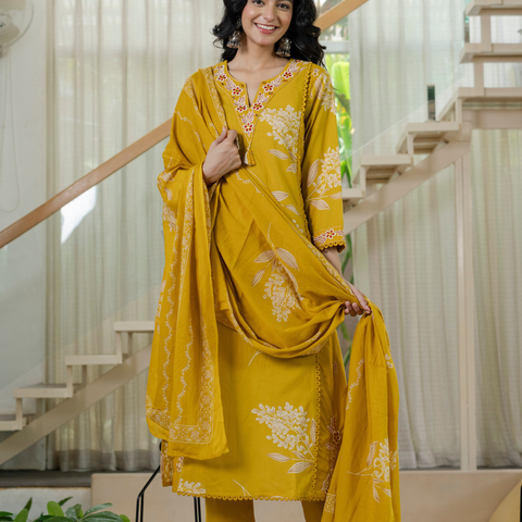 Women  mustard Floral Printed V-Neck  Pure Cotton embroidered Kurta dupatta set