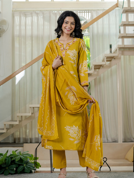 Women  mustard Floral Printed V-Neck  Pure Cotton embroidered Kurta dupatta set