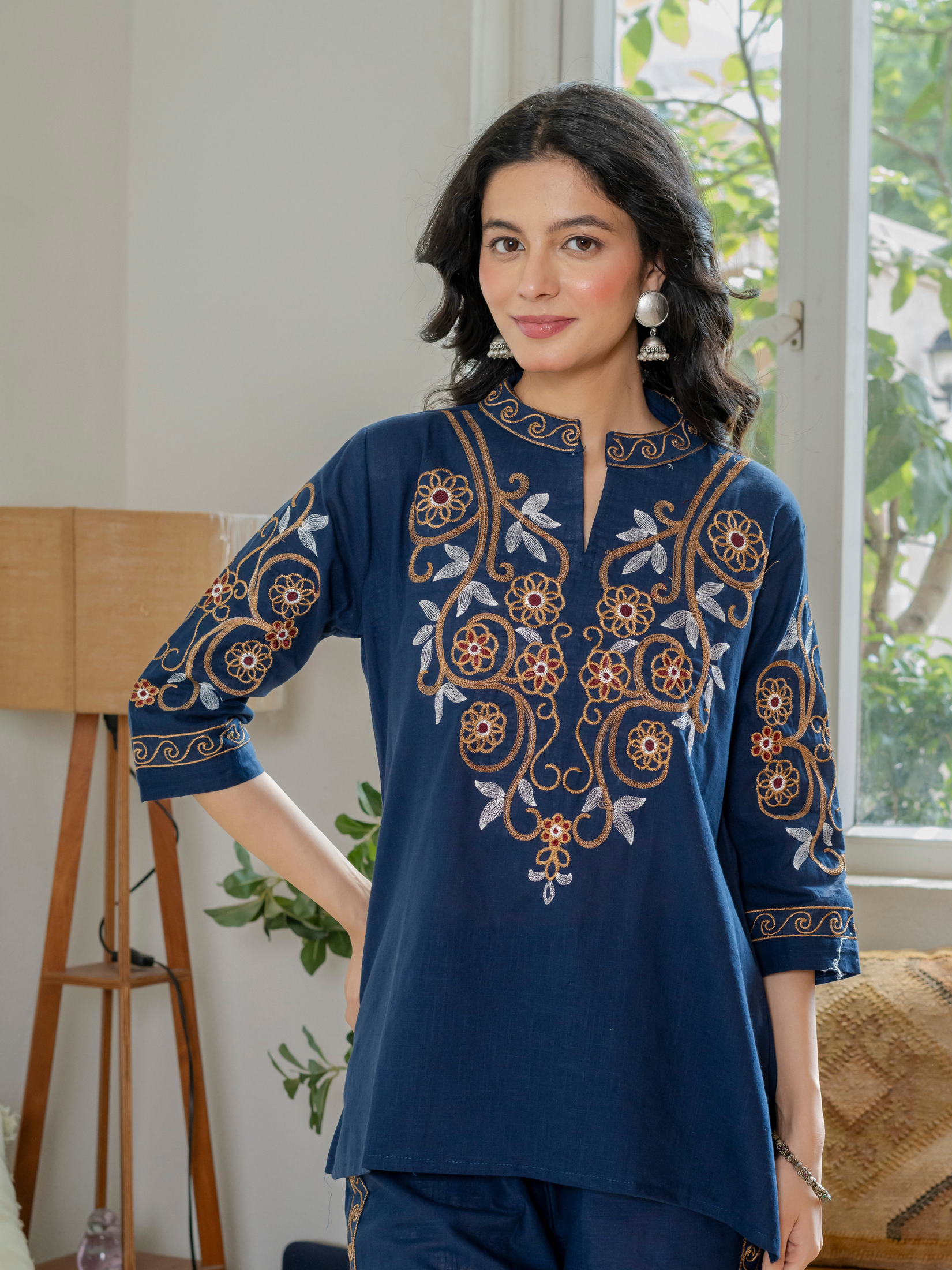 Women Royal Blue Embroidered Thread Work Pure Cotton coord set