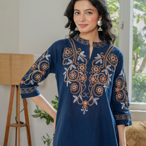 Women Royal Blue Embroidered Thread Work Pure Cotton coord set