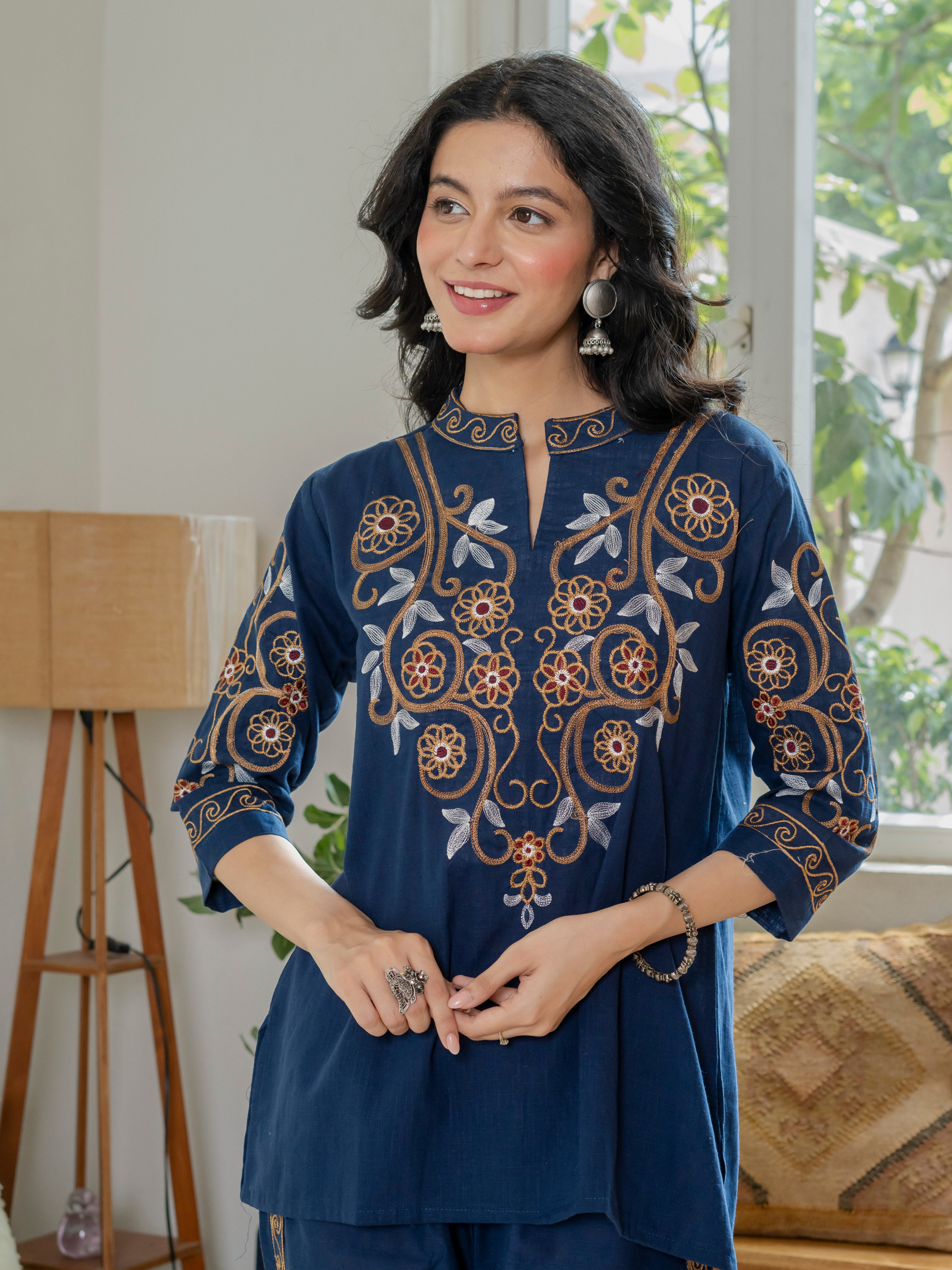 Women Royal Blue Embroidered Thread Work Pure Cotton coord set