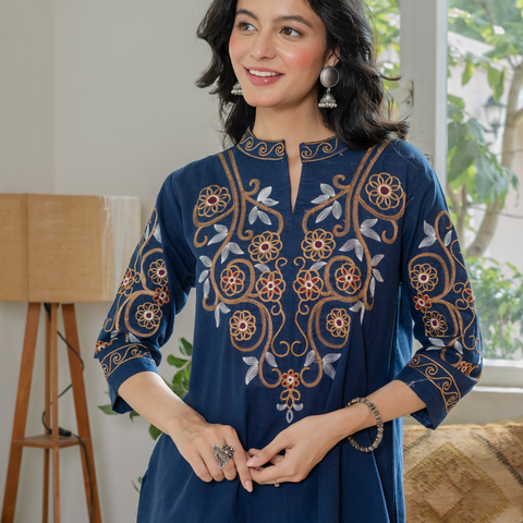 Women Royal Blue Embroidered Thread Work Pure Cotton coord set