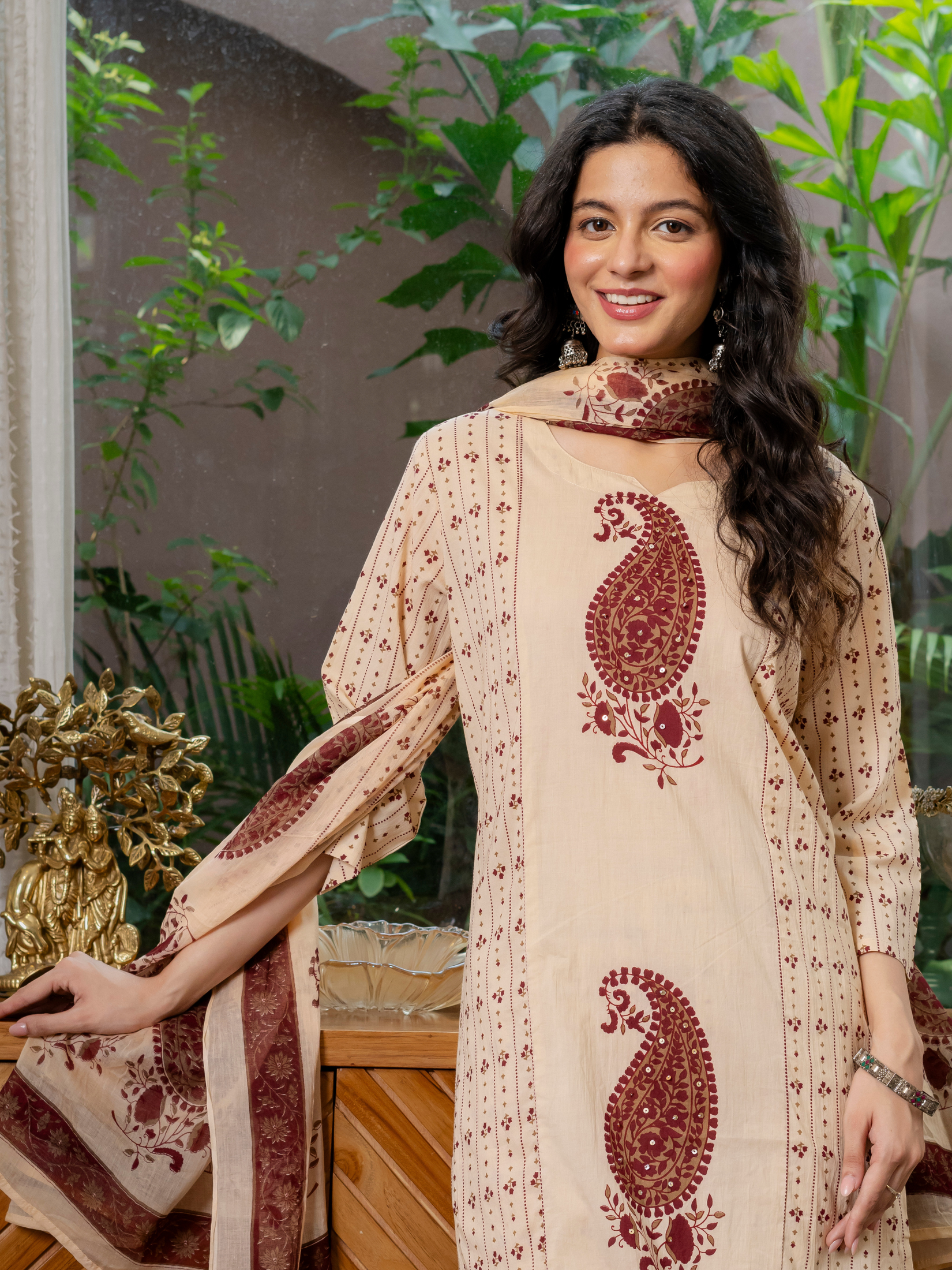 Women  maroon motifs  Printed    Pure Cotton embroidered Kurta dupatta set