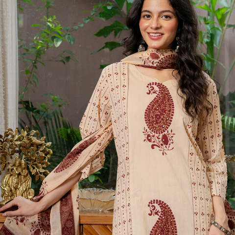 Women  maroon motifs  Printed    Pure Cotton embroidered Kurta dupatta set