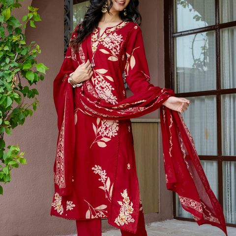 Women Red Floral Printed V-Neck  Pure Cotton embroidered Kurta dupatta set