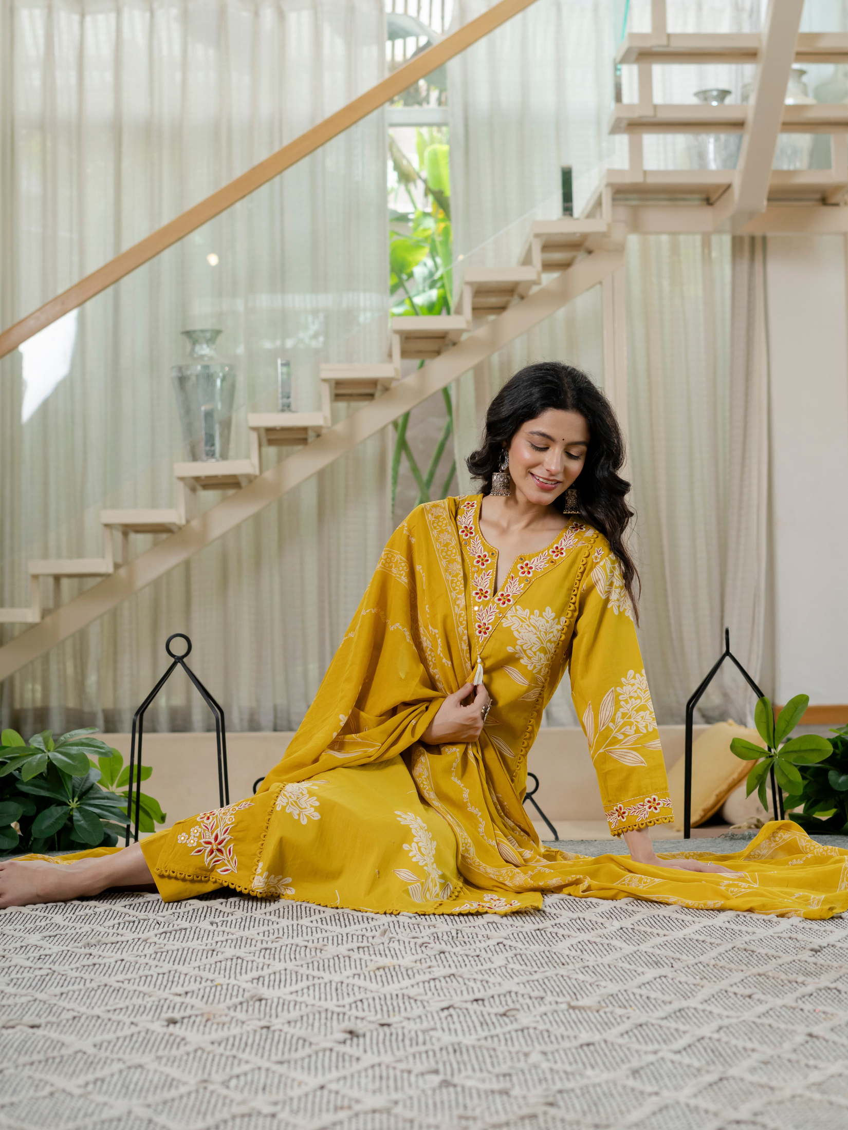 Women  mustard Floral Printed V-Neck  Pure Cotton embroidered Kurta dupatta set