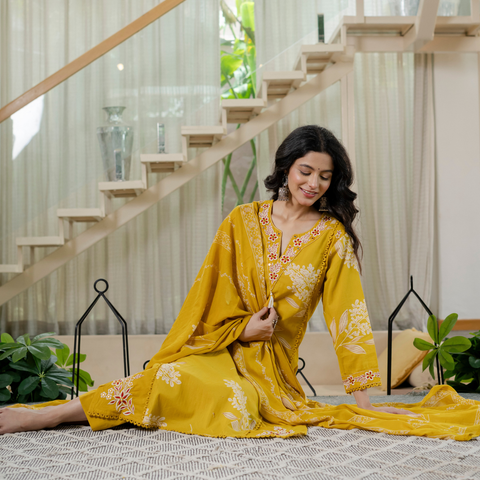 Women  mustard Floral Printed V-Neck  Pure Cotton embroidered Kurta dupatta set