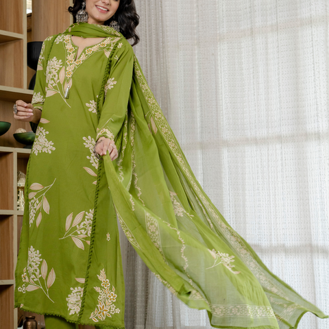 Women  Lime Green Floral Printed V-Neck  Pure Cotton embroidered Kurta dupatta set