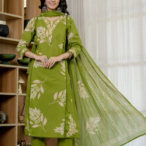 Women  Lime Green Floral Printed V-Neck  Pure Cotton embroidered Kurta dupatta set
