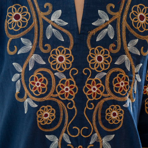 Women Royal Blue Embroidered Thread Work Pure Cotton coord set