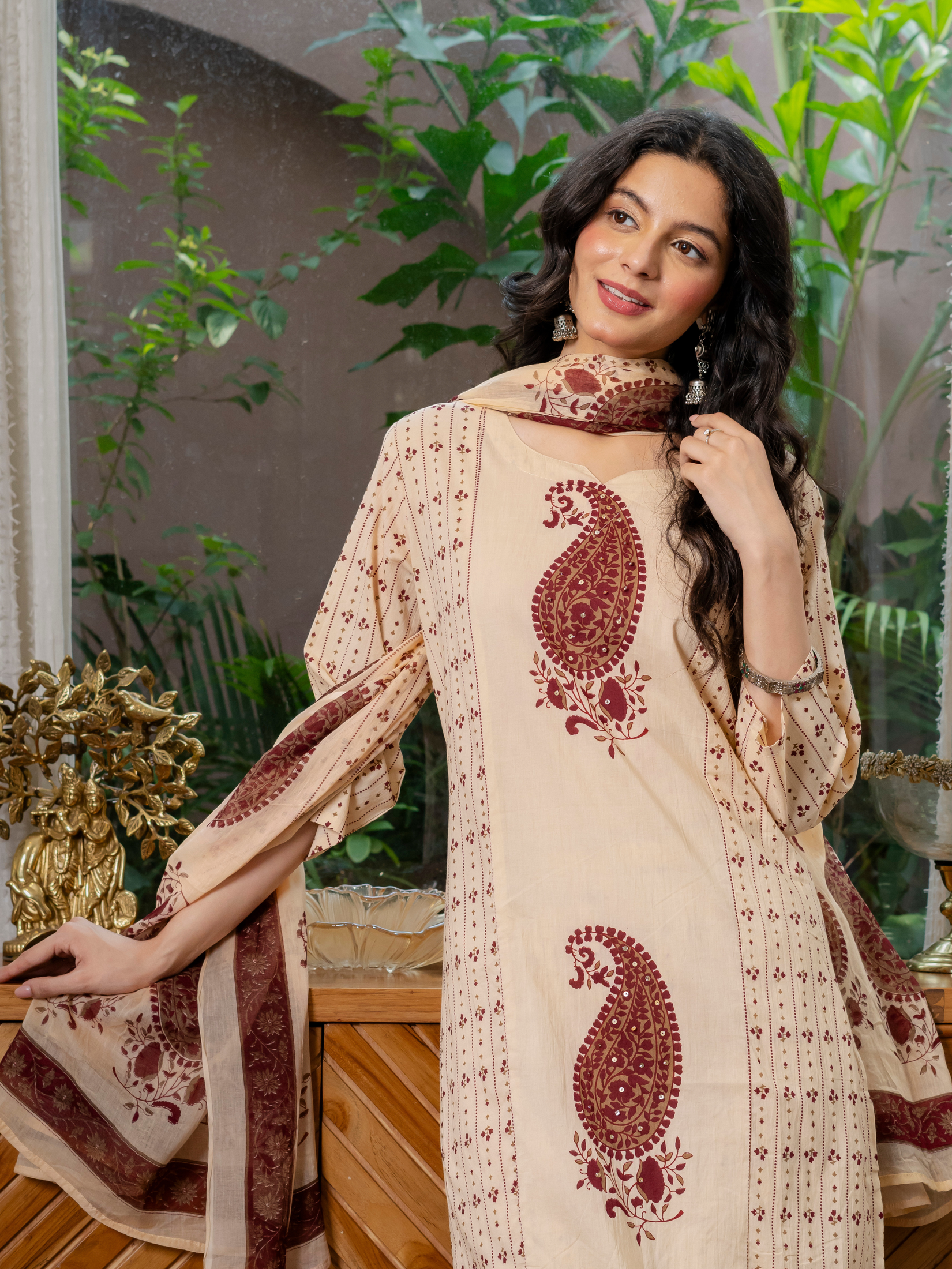 Women  maroon motifs  Printed    Pure Cotton embroidered Kurta dupatta set