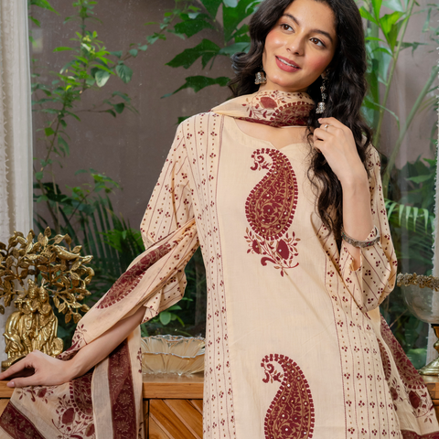 Women  maroon motifs  Printed    Pure Cotton embroidered Kurta dupatta set