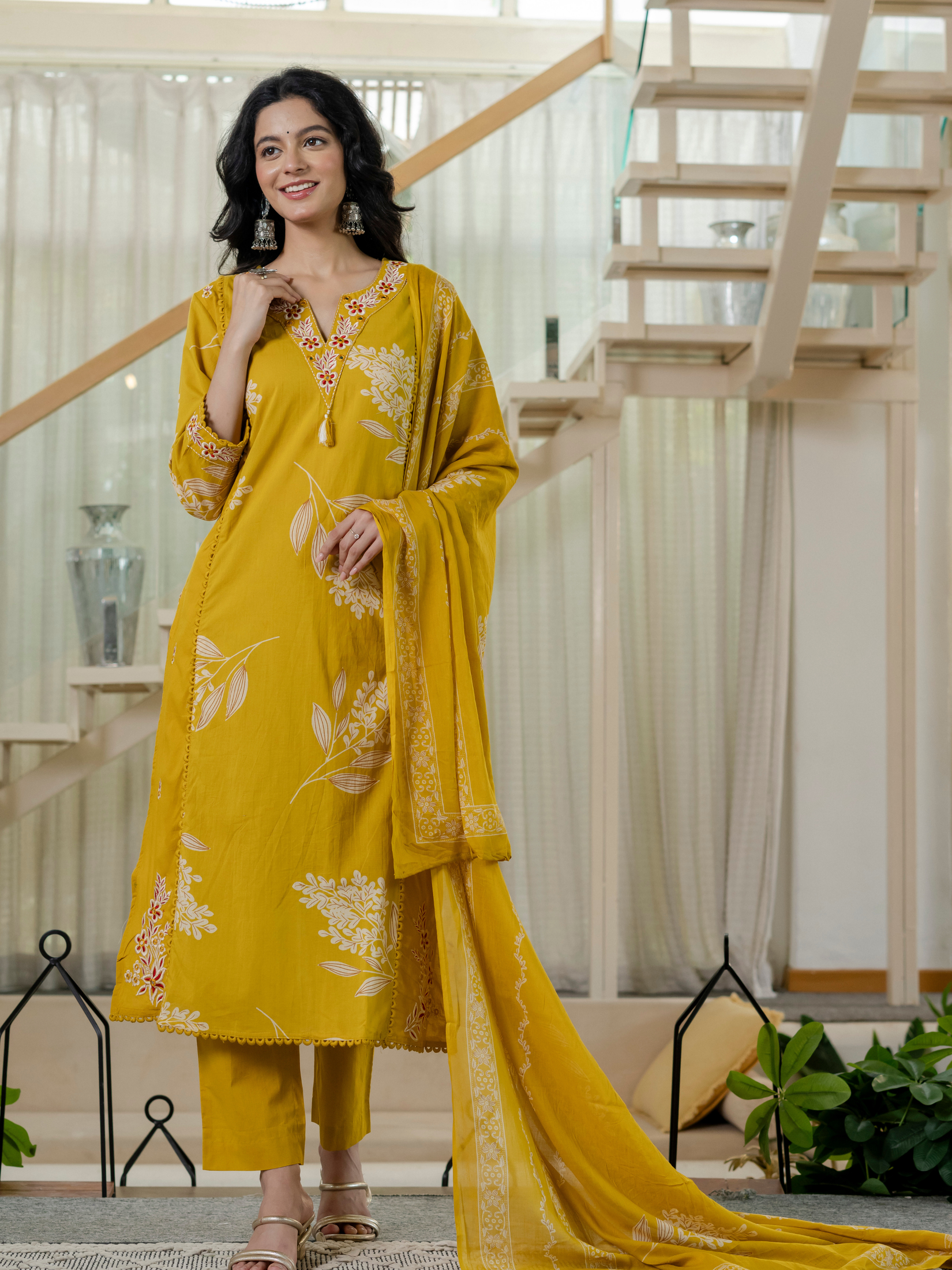 Women  mustard Floral Printed V-Neck  Pure Cotton embroidered Kurta dupatta set