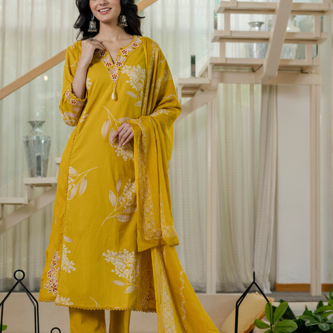 Women  mustard Floral Printed V-Neck  Pure Cotton embroidered Kurta dupatta set