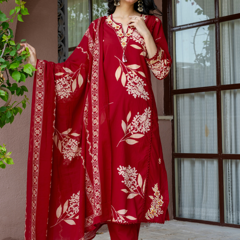 Women Red Floral Printed V-Neck  Pure Cotton embroidered Kurta dupatta set