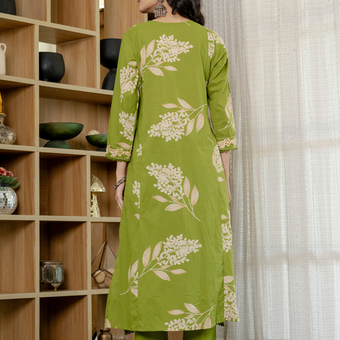 Women  Lime Green Floral Printed V-Neck  Pure Cotton embroidered Kurta dupatta set