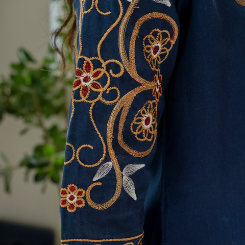 Women Royal Blue Embroidered Thread Work Pure Cotton coord set