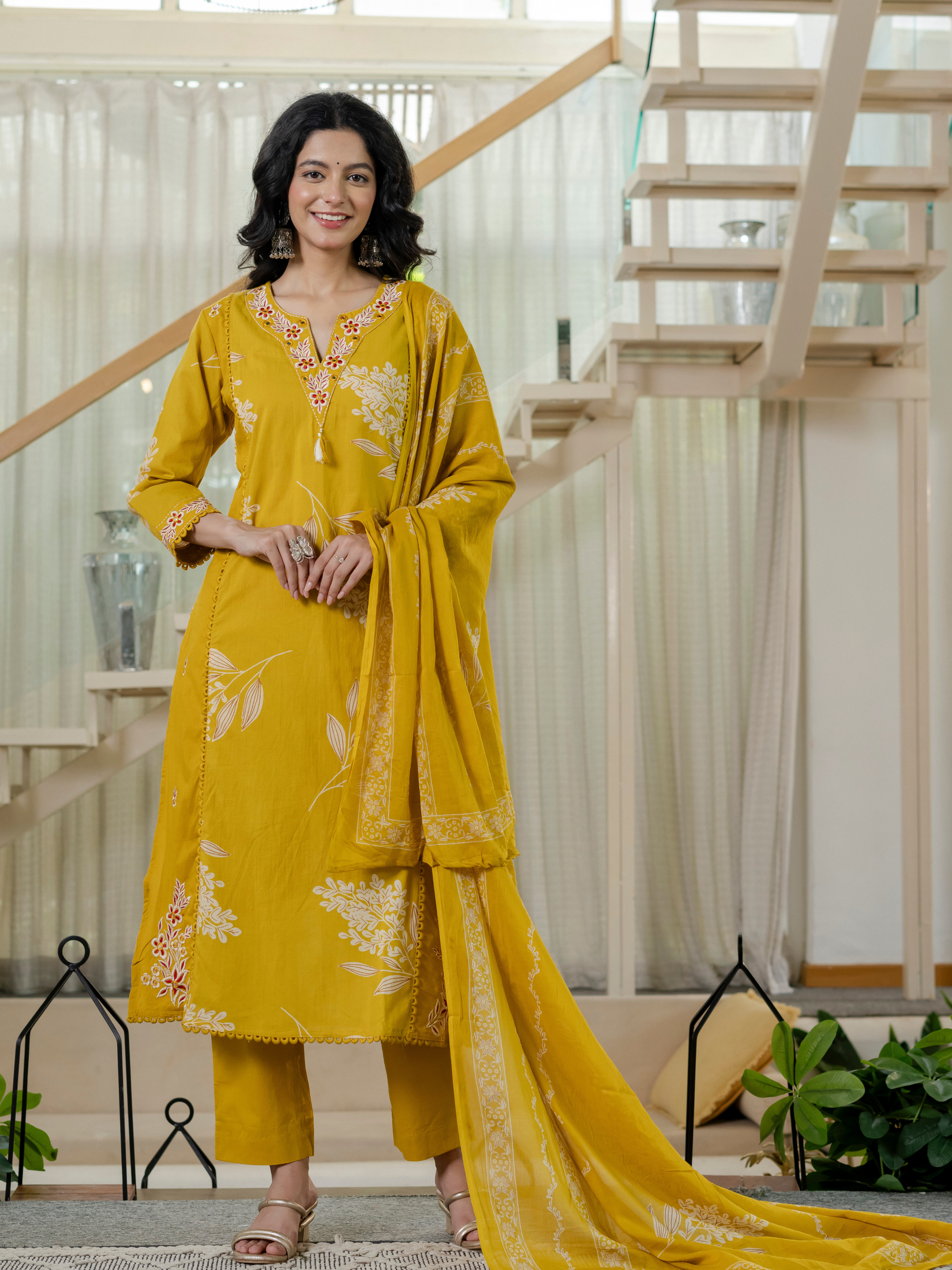 Women  mustard Floral Printed V-Neck  Pure Cotton embroidered Kurta dupatta set