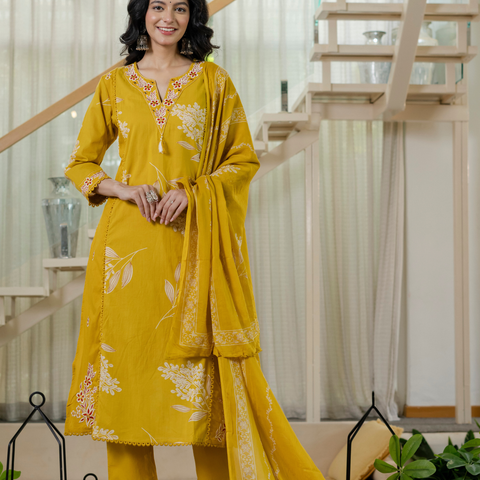Women  mustard Floral Printed V-Neck  Pure Cotton embroidered Kurta dupatta set
