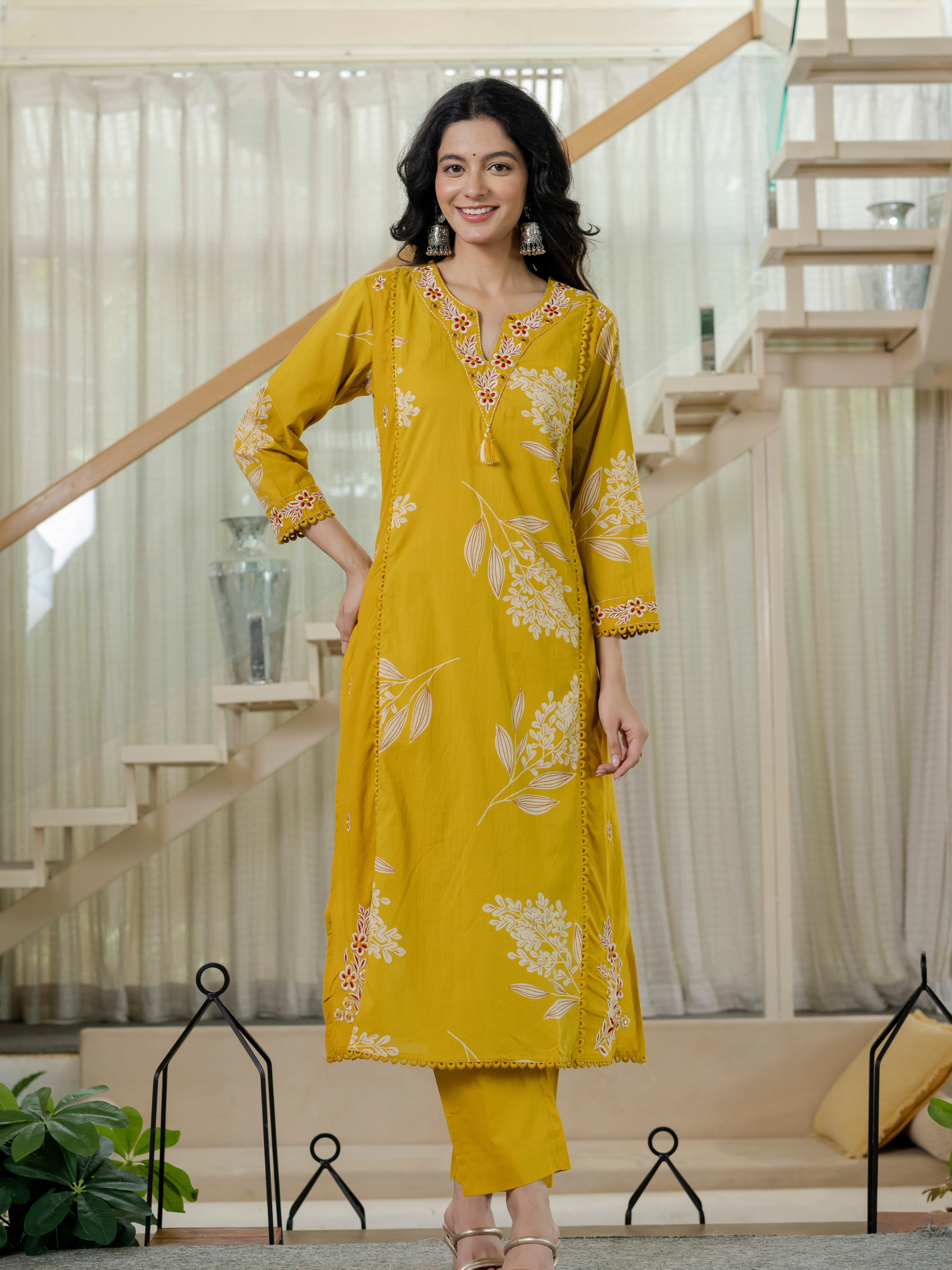Women  mustard Floral Printed V-Neck  Pure Cotton embroidered Kurta dupatta set