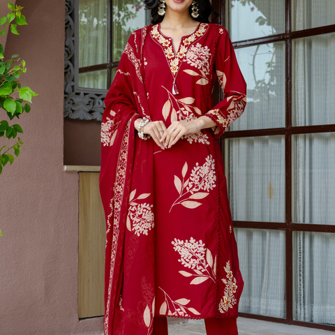 Women Red Floral Printed V-Neck  Pure Cotton embroidered Kurta dupatta set