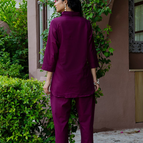 Women Purple  Embroidered Thread Work Pure Cotton coord set