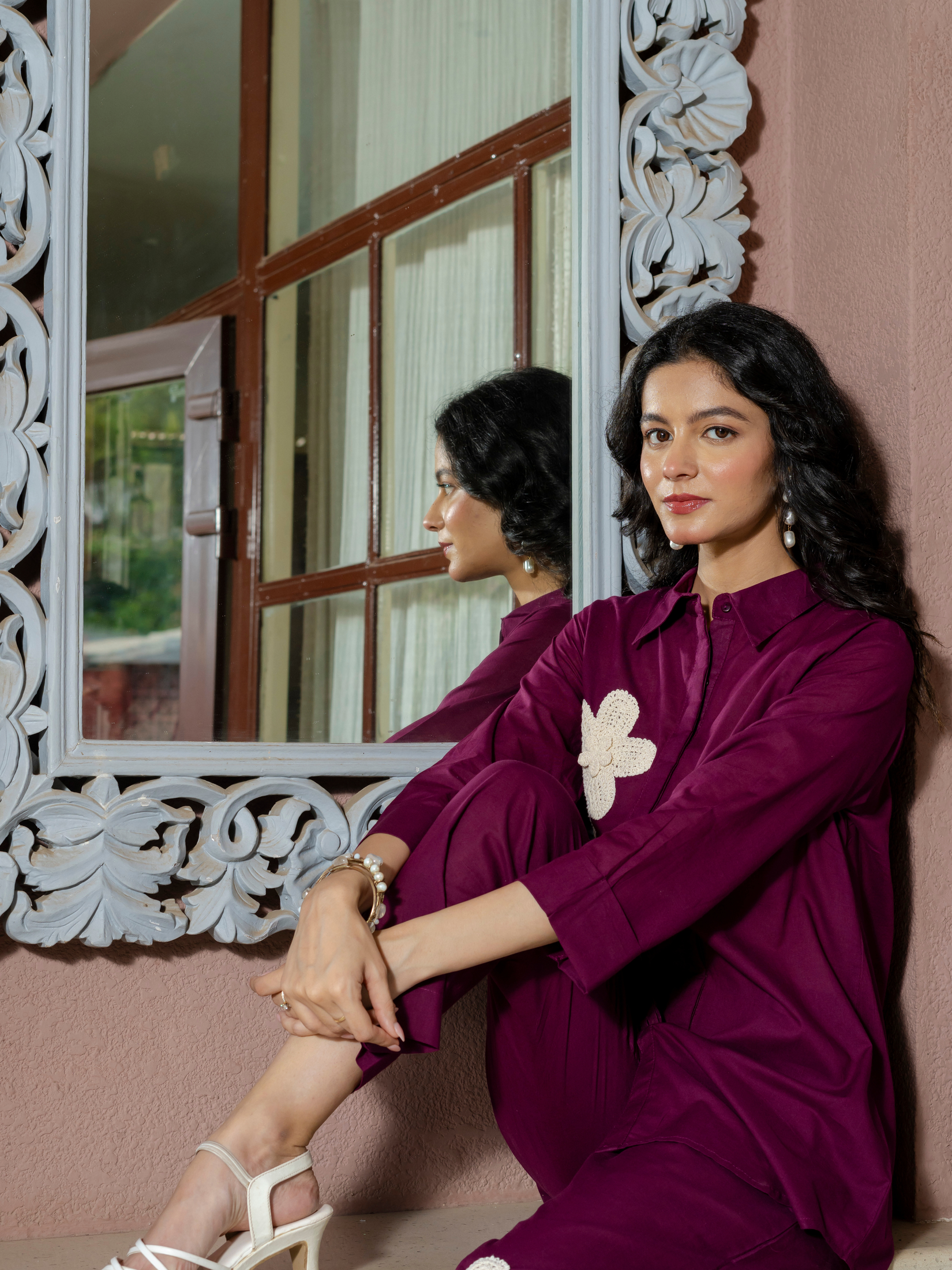 Women Purple  Embroidered Thread Work Pure Cotton coord set