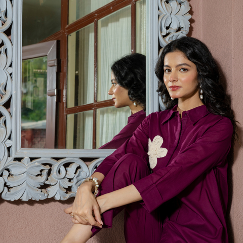 Women Purple  Embroidered Thread Work Pure Cotton coord set